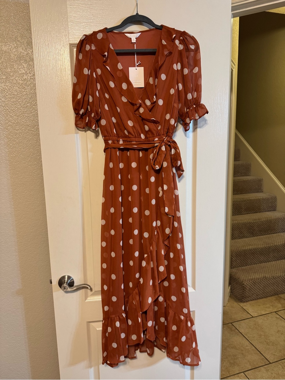 Polka Dot Wrap Midi Dress - Rust with Cream Dots